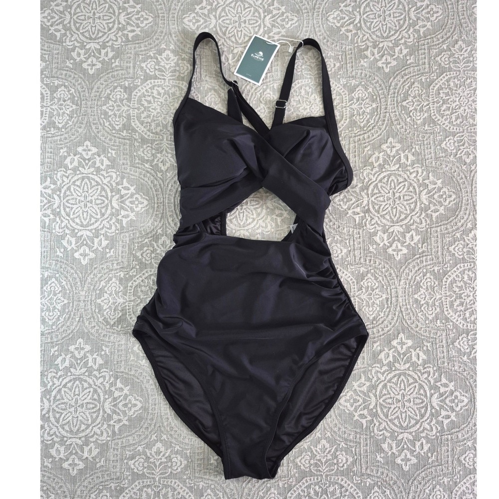 Eomenie Womens Black‎ Cutout One Piece Swimsuit Tummy Control Ruched Monokini S